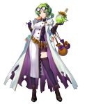  1girl alternate_costume ankle_boots bag bangs belt black_footwear black_legwear boots bow breasts buttons candy closed_mouth coat dress earrings eyewear_on_head fire_emblem fire_emblem:_the_sacred_stones fire_emblem_heroes food full_body glasses gloves green_eyes green_hair halloween_costume highres holding jewelry konfuzikokon l&#039;arachel_(fire_emblem) labcoat long_hair long_sleeves looking_at_viewer medium_breasts official_art shiny shiny_clothes shiny_hair short_dress smile solo standing test_tube thighhighs tied_hair transparent_background turtleneck zettai_ryouiki 