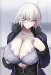  1girl ahoge black_dress blue_bra blue_jacket bra breasts breasts_outside coat dress fate/grand_order fate_(series) full-length_zipper fur-trimmed_coat fur-trimmed_jacket fur-trimmed_sleeves fur_trim gachou highres huge_breasts jacket jeanne_d&#039;arc_(alter)_(fate) jeanne_d&#039;arc_(fate)_(all) jewelry necklace open_clothes open_coat open_jacket partially_unzipped short_hair silver_hair solo underwear upper_body wicked_dragon_witch_ver._shinjuku_1999 yellow_eyes zipper 