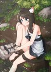  1girl absurdres animal_ear_fluff animal_ears bare_shoulders barefoot black_hair blue_eyes cat_ears cat_tail collarbone dress eyebrows_visible_through_hair eyes_visible_through_hair footwear_removed highres nekoze_(s22834712) original outdoors sandals sitting smile solo tail tu_ya_(nekoze) water weapon 