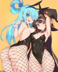  2girls animal_ears aqua_(konosuba) arm_up armpits ass ass_visible_through_thighs backless_outfit blue_eyes blue_hair blush bow breasts brown_hair bunnysuit capelet collarbone detached_collar eyebrows_visible_through_hair fake_animal_ears fishnet_pantyhose fishnets hair_rings hand_on_another&#039;s_cheek hand_on_another&#039;s_face hand_on_headwear hat holding jtveemo kono_subarashii_sekai_ni_shukufuku_wo! large_breasts leotard megumin multiple_girls nipple_slip nipples one_eye_closed pantyhose pointing red_bow red_eyes serious small_breasts smile strapless strapless_leotard thighs twisted_torso twitter_username upper_teeth witch_hat wrist_cuffs yellow_background 