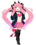  1girl animal_ears animare bangs bat_ears black_footwear black_jacket black_ribbon blush bow breasts collar collarbone eyepatch fang full_body hair_ribbon hands_on_own_chest highres holding_hands jacket long_hair long_sleeves nejime no_bra open_clothes open_jacket open_mouth pink_hair pink_skirt purple_eyes red_bow ribbon skin_fang skirt smile solo stomach symbol-shaped_pupils thighhighs twintails two_side_up umori_hinako very_long_hair virtual_youtuber white_background 