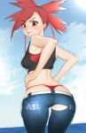  1girl absurdres ass asuna_(pokemon) belt bikini blue_sky character_name clothes_writing cloud commentary_request cowboy_shot crop_top day denim eyebrows_visible_through_hair gatchan grey_background gym_leader highleg highleg_panties highres huge_filesize jeans layered_clothing lowleg lowleg_pants o-ring o-ring_bottom o-ring_panties outdoors panties pants pokemon pokemon_(game) pokemon_oras red_bikini red_bikini_bottom red_bikini_top red_eyes red_hair revision sky solo string_panties swimsuit thong tongue tongue_out torn_clothes torn_jeans torn_pants underwear whale_tail white_belt 