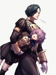  1boy 1girl bernadetta_von_varley bike_shorts black_hair carrying carrying_under_arm epaulettes fire_emblem fire_emblem:_three_houses garreg_mach_monastery_uniform gloves grey_eyes highres hood hood_down hubert_von_vestra long_sleeves moyashi_mou2 open_mouth purple_hair short_hair simple_background uniform white_background white_gloves 