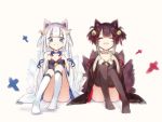  2girls akagi-chan_(azur_lane) akagi_(azur_lane) animal_ear_fluff animal_ears azur_lane bangs bell black_legwear blue_eyes blush brown_hair closed_eyes closed_mouth commentary_request convenient_leg diieru fox_ears fox_tail hair_bell hair_ornament hair_rings highres japanese_clothes kaga_(azur_lane) kimono kneehighs knees_up kyuubi long_hair long_sleeves looking_at_viewer multiple_girls multiple_tails no_shoes open_mouth paper_shikigami pleated_skirt shikigami short_hair short_kimono short_twintails sidelocks simple_background sitting sketch skirt smile tail thighhighs twintails white_background white_hair white_legwear wide_sleeves younger 