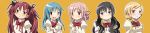 5girls :o akemi_homura alternate_hair_length alternate_hairstyle arms_at_sides bangs black_hair black_ribbon blonde_hair blue_eyes blue_hair blush braid breasts close-up commentary_request curly_hair expressionless eyebrows_visible_through_hair fingernails fingers_together flat_chest flower frown hair_flower hair_ornament hair_over_shoulder hair_ribbon hair_scrunchie hairclip hand_in_hair hand_on_own_chest happy head_tilt highres kaname_madoka long_hair long_image looking_at_viewer looking_away low_ponytail mahou_shoujo_madoka_magica medium_breasts mesushirindaa miki_sayaka mitakihara_school_uniform multiple_girls neck_ribbon nervous orange_background parted_lips pink_eyes pink_hair puffy_short_sleeves puffy_sleeves purple_eyes red_eyes red_hair red_ribbon red_scrunchie ribbon sakura_kyouko school_uniform scrunchie shaded_face short_sleeves side-by-side side_braid simple_background single_braid small_breasts smile sweatdrop tomoe_mami two_side_up uniform upper_body wide_image yellow_eyes 