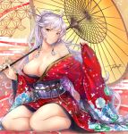  1girl ahoge bangs bare_shoulders blush braid breasts cleavage collarbone granblue_fantasy japanese_clothes kimono large_breasts long_hair long_sleeves looking_at_viewer obi red_kimono rei_kun sash silva_(granblue_fantasy) silver_hair sitting solo thighs umbrella very_long_hair wariza wavy_hair wide_sleeves yellow_eyes 