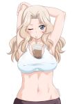  1girl armpits arms_behind_head arms_up bike_shorts black_shorts blonde_hair blue_eyes blush breasts bubble_tea bubble_tea_challenge commentary covered_nipples cup disposable_cup drinking drinking_straw drinking_straw_in_mouth eyebrows_visible_through_hair girls_und_panzer hair_intakes kay_(girls_und_panzer) large_breasts long_hair looking_at_viewer object_on_breast one_eye_closed shorts simple_background skindentation solo standing stretch twitter_username upper_body white_background white_sports_bra yts_takana 