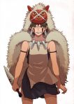  1girl brown_eyes brown_hair cape clenched_teeth collarbone dagger facepaint fur fur_cape grimace highres jewelry looking_at_viewer mask mononoke_hime necklace san short_hair solo studio_ghibli tanuki_koubou teeth weapon white_background 