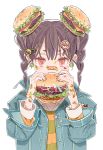  1girl bandaid blush brown_hair cheese eating fast_food food food_on_face hair_ornament hairclip hamburger hamburger_steak highres holding holding_food inhye jacket lettuce original red_eyes tomato twintails 