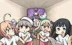  6+girls ahoge alternate_costume asashio_(kantai_collection) black_hair blonde_hair blue_eyes bow brown_pants closed_eyes clothes_writing commentary_request dated grecale_(kantai_collection) green_eyes grey_hair hair_ornament hairclip hallway hamu_koutarou hat hatsuharu_(kantai_collection) highres i-58_(kantai_collection) kantai_collection kiyoshimo_(kantai_collection) living_hair long_hair low_twintails map_(object) mikura_(kantai_collection) multiple_girls o_o open_mouth pants pink_bow pink_hair purple_hair red_eyes red_pants running sailor_hat shirt short_hair t-shirt tan track_pants translated twintails wavy_mouth white_headwear white_shirt 