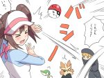  &gt;_&lt; 1boy 1girl \||/ arm_up back_bow bandana bandana_over_mouth bangs black_headwear blonde_hair blue_sleeves blush bow breasts brown_hair closed_eyes double_bun emphasis_lines from_behind gen_5_pokemon hand_up hat herdier hyakuen_raitaa long_hair mei_(pokemon) motion_lines npc_trainer o_o open_mouth pink_bow poke_ball poke_ball_(generic) pokemon pokemon_(creature) pokemon_(game) pokemon_bw2 raglan_sleeves shiny shiny_hair shirt small_breasts snivy speech_bubble standing sweat talking team_plasma_grunt throwing throwing_poke_ball tied_hair translation_request twintails upper_body white_eyes white_shirt 
