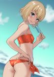  1girl :t ass bangs bikini blonde_hair blue_eyes blurry blurry_background breasts butt_crack closed_mouth cloud cloudy_sky commentary cowboy_shot day depth_of_field dutch_angle eating eyebrows_visible_through_hair food food_on_head from_behind girls_und_panzer green_sky hand_on_hip highres holding holding_food katyusha looking_at_viewer looking_back object_on_head ocean outdoors popsicle red_bikini short_hair side-tie_bikini skindentation sky small_breasts solo standing strapless strapless_bikini swimsuit wedgie yamano_rita 