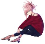  1girl applekun asymmetrical_hair blue_eyes blue_pants casual closed_mouth denim earrings eyebrows_visible_through_hair fate/grand_order fate_(series) from_side full_body hair_between_eyes highres jeans jewelry long_hair long_sleeves looking_at_viewer miyamoto_musashi_(fate/grand_order) off-shoulder_sweater off_shoulder pants pink_hair red_sweater ribbed_sweater simple_background sitting smile solo sweater tied_hair white_background 