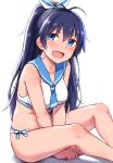  1girl :d antenna_hair bare_arms bare_shoulders between_legs bikini blue_eyes blue_hair blush breasts cai_geng cleavage collarbone earrings fang ganaha_hibiki hair_ribbon hoop_earrings idolmaster idolmaster_(classic) jewelry long_hair looking_at_viewer medium_breasts open_mouth ponytail ribbon sailor_bikini sailor_collar sailor_swimsuit_(idolmaster) shadow simple_background sitting smile solo swimsuit v-shaped_eyebrows white_background white_bikini 