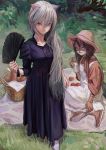  2girls :3 animal_ears basket black_dress blue_eyes boots bread breasts brown_hair cat_ears cat_girl dress fan fkey food furry grey_hair hair_between_eyes highres long_hair looking_at_viewer multiple_girls original picnic red_eyes very_long_hair whiskers 