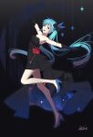  1girl :d armpits artist_name black_dress black_gloves blue_bow blue_eyes blue_footwear blue_hair bow collarbone dress elbow_gloves floating_hair flower gloves hair_bow hair_ornament hatsune_miku high_heels highres leg_up long_hair open_mouth outstretched_arms pumps red_flower short_dress sleeveless sleeveless_dress smile solo standing standing_on_one_leg strapless strapless_dress twintails very_long_hair vocaloid yuuta_(806350354) 