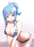  1girl bangs bikini blue_eyes blue_hair blunt_bangs blush breasts c-wing collarbone cowboy_shot denim denim_shorts head_tilt large_breasts leaning_forward looking_at_viewer micro_shorts navel open_mouth original ponytail shiny shiny_skin shorts sidelocks solo standing string_bikini striped_bikini_top swimsuit thigh_gap v_arms 