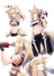  1girl abs alternate_costume animal_ear_fluff animal_ears arknights armband bangs black_gloves blonde_hair bottle breasts cleavage closed_mouth drinking exercise eyebrows_visible_through_hair eyelashes fingerless_gloves gloves hair_between_eyes haruato highleg highres horse_ears horse_tail long_hair medium_breasts multiple_views muscle muscular_female navel nearl_(arknights) open_mouth ponytail sidelocks simple_background stretch sweat tail water_bottle weightlifting weights white_background wristband yellow_eyes 
