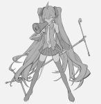  1girl arm_at_side bangs bare_shoulders blush breast_pocket breasts closed_mouth detached_sleeves expressionless fingernails freng full_body grey_background greyscale hair_between_eyes half-closed_eyes hatsune_miku headset holding holding_megaphone holding_microphone_stand legs_apart long_hair looking_at_viewer megaphone microphone_stand monochrome necktie parted_bangs pleated_skirt pocket shirt simple_background skirt sleeveless sleeveless_shirt small_breasts solo standing thighhighs twintails very_long_hair vocaloid zettai_ryouiki 