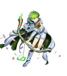  1boy alternate_costume arrow blue_eyes boots bow_(weapon) cake candy cape checkerboard_cookie cookie fire fire_emblem fire_emblem:_path_of_radiance fire_emblem_heroes food full_body ghost_costume green_hair halloween halloween_costume highres mikurou_(nayuta) official_art open_mouth pumpkin rolf_(fire_emblem) solo teeth torn_clothes transparent_background weapon 