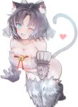  1girl :d ;d absurdres animal_ears bangs bare_shoulders bell blue_eyes blurry blurry_background bow breasts cat_ears cat_girl cat_tail cleavage collarbone commentary_request depth_of_field elbow_gloves eyebrows_visible_through_hair gloves grey_bow grey_gloves grey_legwear hair_bow heart highres jingle_bell kemonomimi_mode looking_at_viewer medium_breasts one_eye_closed open_mouth parted_bangs paw_gloves paws senran_kagura simple_background smile solo tail tarbo_(exxxpiation) thighhighs white_background yumi_(senran_kagura) 