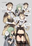  2girls ass_visible_through_thighs black_panties blonde_hair blue_eyes blush byleth_(fire_emblem) byleth_(fire_emblem)_(female) dress dress_lift english_text fire_emblem fire_emblem:_three_houses flashing garter_belt garter_straps gebyy-terar green_hair hat highres lace lace-trimmed_legwear lace-trimmed_panties lingerie looking_at_another mercedes_von_martritz multiple_girls navel open_mouth panties sequential short_hair simple_background smile sparkle speech_bubble stomach thighhighs underwear yuri 