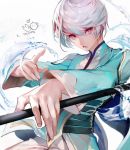  1boy character_request holding lower_teeth male_focus mikleo_(tales) open_mouth purple_eyes shycocoa solo stance tagme tales_of_(series) tales_of_zestiria upper_body 