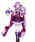  1girl alternate_costume bangs boots breasts buttons candy cape detached_sleeves dress eyebrows_visible_through_hair fire_emblem fire_emblem:_path_of_radiance fire_emblem:_radiant_dawn fire_emblem_heroes food fuji_choko full_body gloves halloween_costume highres holding ilyana_(fire_emblem) jewelry knee_boots long_hair long_sleeves looking_at_viewer medium_breasts official_art pantyhose parted_lips purple_eyes purple_footwear purple_gloves purple_hair shiny shiny_hair short_dress skirt smile solo tied_hair transparent_background white_legwear 