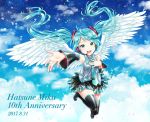  1girl 2017 :d angel_wings anniversary asami_(undoundo) black_footwear black_skirt black_sleeves blue_hair blue_neckwear blue_sky boots character_name cloud dated detached_sleeves dress_shirt feathered_wings floating_hair full_body green_eyes grey_shirt hair_ornament hatsune_miku headphones headset highres long_hair long_sleeves looking_at_viewer microphone miniskirt necktie open_mouth outstretched_arm pleated_skirt shiny shiny_hair shirt skirt sky sleeveless sleeveless_shirt smile solo sparkle thigh_boots thighhighs twintails very_long_hair vocaloid white_wings wings zettai_ryouiki 