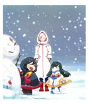  3girls adapted_costume black_footwear black_hair boots child coat commentary_request frown gyosone junketsu kill_la_kill kiryuuin_ragyou kiryuuin_satsuki matoi_ryuuko mittens mother_and_daughter multiple_girls pantyhose poncho red_footwear senketsu shinra-koketsu snot snow snow_boots snowing snowman spoilers what_if white_footwear white_hair winter winter_clothes younger 