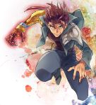  1boy claws full_body grey_pants jacket kazuma_(scryed) looking_at_viewer male_focus pants parted_lips red_hair scryed short_hair solo taki_(nakochan) teeth yellow_eyes 