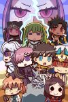  1other 4boys 5girls androgynous arabian_clothes armor armored_dress asymmetrical_legwear asymmetrical_sleeves bangs blonde_hair blue_eyes blue_gloves brown_hair chaldea_uniform chibi cloak closed_eyes command_spell creature cropped_vest crown detached_collar detached_sleeves earrings elbow_gloves enkidu_(fate/strange_fake) fate/grand_order fate_(series) forehead fou_(fate/grand_order) fujimaru_ritsuka_(male) gilgamesh gilgamesh_(caster)_(fate) gloves gorgon_(fate) grail-kun green_hair hair_over_one_eye heavenly_boat_maanna highres holding_shield hood hooded_cloak hooded_robe hoop_earrings ishtar_(fate/grand_order) jewelry jitome l.n labcoat leonardo_da_vinci_(fate/grand_order) long_hair mash_kyrielight medusa_(lancer)_(fate) merlin_(fate) multiple_boys multiple_girls orange_hair parody parted_bangs purple_eyes purple_hair red_eyes rider riyo_(lyomsnpmp)_(style) robe romani_archaman shield short_hair single_detached_sleeve single_elbow_glove single_sleeve single_thighhigh style_parody thighhighs tiara toga toosaka_rin turban two_side_up very_long_hair weapon white_robe 