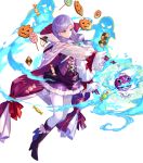  1girl alternate_costume bangs boots bow breasts buttons candy cape circlet detached_sleeves dress eyebrows_visible_through_hair fire_emblem fire_emblem:_path_of_radiance fire_emblem:_radiant_dawn fire_emblem_heroes food fuji_choko full_body gloves hair_ornament halloween_costume highres holding ilyana_(fire_emblem) jewelry knee_boots long_hair long_sleeves looking_away medium_breasts official_art open_mouth pantyhose purple_eyes purple_footwear purple_gloves purple_hair shiny shiny_hair short_dress skirt solo tied_hair transparent_background white_legwear 