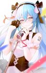  1girl asymmetrical_gloves black_bow black_gloves black_hairband blue_eyes blue_hair bow chinese_commentary closed_mouth commentary floating_hair gloves hair_between_eyes hair_bow hairband half_gloves hatsune_miku holding_microphone_stand long_hair looking_at_viewer luobo_(nsnr8754) pink_ribbon ribbon shiny shiny_hair shirt single_glove sleeveless sleeveless_shirt smile solo standing striped striped_bow tears upper_body very_long_hair vocaloid white_shirt wrist_ribbon 