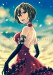  1girl 2016 :d anniversary asami_(undoundo) backless_dress backless_outfit black_gloves blurry blurry_background breasts brown_eyes brown_hair character_name dated dress elbow_gloves from_side gloves hair_between_eyes highres looking_at_viewer medium_breasts meiko open_mouth project_diva_(series) red_dress scarlet_(module) short_hair sideboob sleeveless sleeveless_dress smile solo vocaloid 