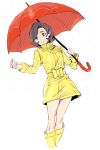  1girl boots bow brown_eyes brown_hair day drawfag holding holding_umbrella jacket outdoors parasol_lady_(pokemon) pokemon pokemon_(game) pokemon_xy rain raincoat red_umbrella rubber_boots short_hair simple_background sketch skirt solo standing umbrella yellow_bow yellow_footwear yellow_jacket yellow_skirt 