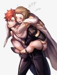  1boy 1girl brown_hair carrying closed_eyes closed_mouth fire_emblem fire_emblem:_three_houses garreg_mach_monastery_uniform high_heels highres long_sleeves manuela_casagranda moyashi_mou2 open_mouth pants piggyback red_hair short_hair short_sleeves simple_background sylvain_jose_gautier uniform white_background 