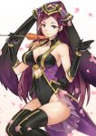  1girl alternate_costume bare_shoulders black_gloves black_leotard braid breasts carrot cleavage closed_mouth earrings fire_emblem fire_emblem_heroes food gebyy-terar gloves grey_background hair_ornament hat highres holding holding_food jewelry large_breasts leotard lips loki_(fire_emblem) long_hair looking_at_viewer purple_eyes purple_hair smile solo thighhighs thighs 