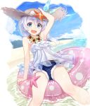  1girl alternate_costume beach blue_eyes blush bow commentary_request day denim denim_shorts flower flower_necklace green_ribbon hand_on_headwear hat hat_ribbon honkai_(series) honkai_impact_3rd innertube jewelry long_hair m-ya necklace open_mouth outdoors pink_bow polka_dot ponytail ribbon see-through shorts silver_hair sitting smile solo starfish straw_hat sunflower theresa_apocalypse waves 