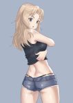  1girl :o ass black_panties black_shirt blonde_hair blue_eyes blue_shorts commentary cowboy_shot cutoffs denim denim_shorts from_behind girls_und_panzer grey_background hair_intakes highres kay_(girls_und_panzer) lifted_by_self long_hair looking_at_viewer looking_back micro_shorts open_mouth panties shirt shirt_lift shorts simple_background skindentation sleeveless sleeveless_shirt solo standing t-shirt thong_panties underwear undressing yamano_rita 