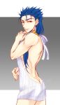  1boy ass blue_hair closed_mouth cowboy_shot crossdressing earrings fate/stay_night fate_(series) from_side grey_background hair_between_eyes hair_ornament hair_over_shoulder hair_scrunchie jewelry lancer long_hair looking_at_viewer male_focus meme_attire naked_sweater ponytail red_eyes redrabbit44 ribbon ring scrunchie solo sweater virgin_killer_sweater white_background white_ribbon white_sweater yellow_scrunchie 