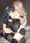  2girls areolae asymmetrical_hair bed blonde_hair blush bow breast_sucking breasts breasts_outside byleth_(fire_emblem) byleth_(fire_emblem)_(female) closed_eyes covered_nipples eyebrows_visible_through_hair fingering fire_emblem fire_emblem:_three_houses garreg_mach_monastery_uniform gebyy-terar green_hair hair_bow hair_over_shoulder hand_on_another&#039;s_head highres large_breasts long_hair mercedes_von_martritz moaning multiple_girls nipples off_shoulder pantyhose saliva short_shorts shorts skirt skirt_lift yuri 
