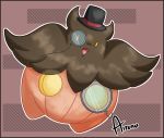  :d airenu artist_name black_headwear brown_background gen_6_pokemon hat highres looking_at_viewer monocle no_humans open_mouth pokemon pokemon_(creature) pumpkaboo simple_background smile solo top_hat yellow_eyes 