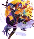  1boy 1girl alternate_costume animal_hat bat beard belt blue_eyes blue_hair boots bow candy carrying cat cat_hat cat_paws cat_tail checkerboard_cookie cookie facial_hair father_and_daughter fire_emblem fire_emblem:_the_blazing_blade fire_emblem_heroes food full_body ghost gloves halloween halloween_costume hat hector_(fire_emblem) highres lilina_(fire_emblem) long_hair moon official_art open_mouth paws pumpkin staff tail teeth transparent_background wada_sachiko witch_hat 