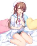  1girl black_panties blue_pillow blurry blurry_background blush bow brown_eyes brown_hair embarrassed hair_bow hat heart heart_pillow idolmaster idolmaster_shiny_colors lace lace-trimmed_panties lifted_by_self long_hair looking_at_viewer makatani neck_ribbon oosaki_tenka panties pillow pink_bow pink_pillow pink_ribbon pleated_skirt ribbon shiny shiny_hair shirt short_sleeves simple_background sitting skirt skirt_lift socks solo underwear very_long_hair wariza wavy_mouth white_background white_headwear white_legwear white_shirt white_skirt yellow_pillow 