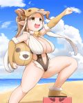  1girl :d arm_up ball beach beachball bell breast_press breasts brown_eyes brown_gloves brown_hair casual_one-piece_swimsuit cleavage cloud daetta_(granblue_fantasy) draph elbow_gloves feet_out_of_frame fingerless_gloves from_side fur_collar fur_trim gloves granblue_fantasy grin hat horns huge_breasts knee_up magure_senshi navel one-piece_swimsuit open_mouth pointy_ears shoes sky slingshot_swimsuit smile solo swimsuit teeth thick_thighs thighs v-shaped_eyebrows 