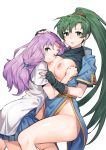  2girls :&lt; black_gloves blue_dress breasts bright_pupils circlet dress earrings fingerless_gloves fire_emblem fire_emblem:_the_blazing_blade florina_(fire_emblem) gebyy-terar gloves green_eyes green_hair hand_on_another&#039;s_head highres jewelry large_breasts long_hair looking_at_viewer lyn_(fire_emblem) multiple_girls nipples no_panties one_eye_closed parted_lips pelvic_curtain pleated_skirt ponytail purple_hair shirt_lift simple_background skirt yuri 