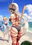  2girls ahoge arms_behind_back artist_name ass back ball_gag bdsm beach bikini black_bikini blindfold blonde_hair blue_eyes bondage bound braid breasts choker cleavage closed_mouth cloud cloudy_sky covered_eyes eyebrows_visible_through_hair fate/grand_order fate_(series) food fruit gag haneru highres jacket jeanne_d&#039;arc_(alter_swimsuit_berserker) jeanne_d&#039;arc_(fate)_(all) jeanne_d&#039;arc_(swimsuit_archer) lace lace-trimmed_legwear large_breasts leash lifebuoy long_hair looking_at_viewer multiple_girls o-ring o-ring_bikini o-ring_bottom ocean red_legwear restrained shibari signature silver_hair single_braid single_thighhigh skindentation sky smile standing swimsuit thighhighs thighs very_long_hair watermelon 