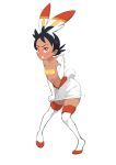  1girl androgynous anger_vein animal_ears bare_shoulders black_hair blush bunny_tail check_artist clenched_hand cosplay dark_skin doodlerush fake_animal_ears flat_chest full_body gou_(pokemon) hair_ornament hairclip looking_at_viewer navel no_shoes pokemon scorbunny scorbunny_(cosplay) short_hair silver_eyes simple_background skirt_hold solo spiked_hair standing tail white_background white_legwear 