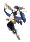  1girl :d absurdres black_legwear blue_eyes blue_hair bracelet breasts bridal_gauntlets detached_sleeves fire_emblem fire_emblem_awakening floating_hair full_body hair_between_eyes hairband highres jewelry leg_up leg_warmers long_hair long_sleeves looking_at_viewer lucina_(fire_emblem) midriff nail_polish navel open_mouth panties pink_nails see-through simple_background small_breasts smile solo stomach thefarelo underwear white_background yellow_hairband 